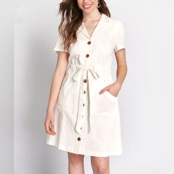 Modcloth Dresses & Skirts - ModCloth Women's Linen Blend Enthralled Again Ivory Shirt Dress Size M EUC